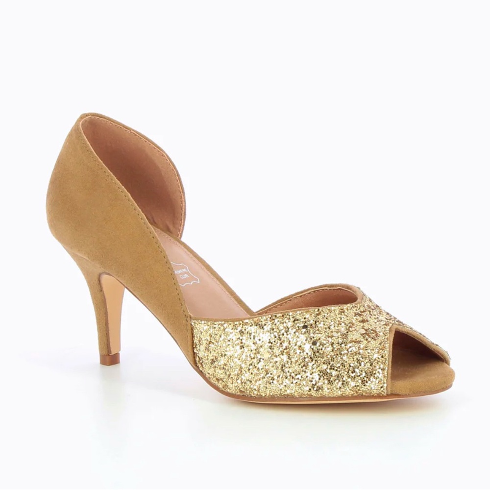 Vanessa Wu Diane camel and gold peep-toe pumps Women's Heels Size 39 or US 9 NWT